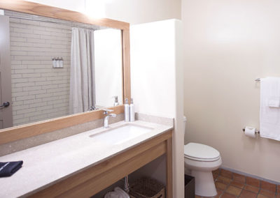 Bathroom with large vanity and mirror and toilet