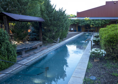 A long narrow outdoor thermal pool with 4 faucets pouring water into it surrounded by green plants and a red building behind