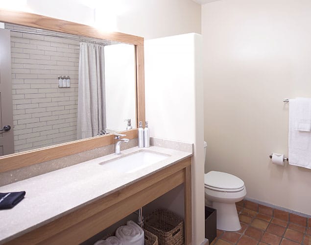 Bathroom With Large Vanity And Mirror And Toilet