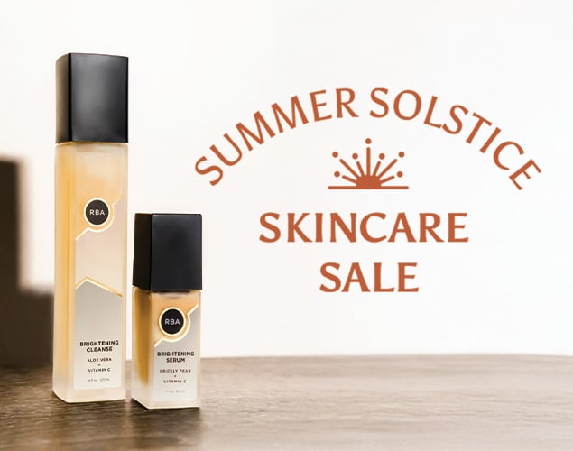 Two skincare bottles labeled "Brightening Cleanse" and "Brightening Serum" are displayed next to text reading "Summer Solstice Skincare Sale" on a light background.