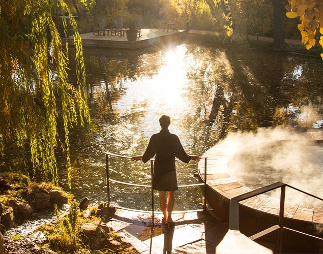 Three hot tubs overlooking pond