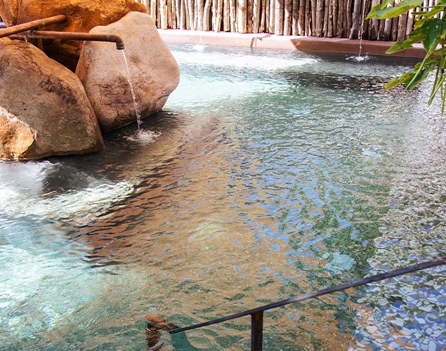 A clear swimming pool with rocks and wooden pipes pouring water, surrounded by a wooden fence and greenery, reflecting sunlight on its rippled surface.