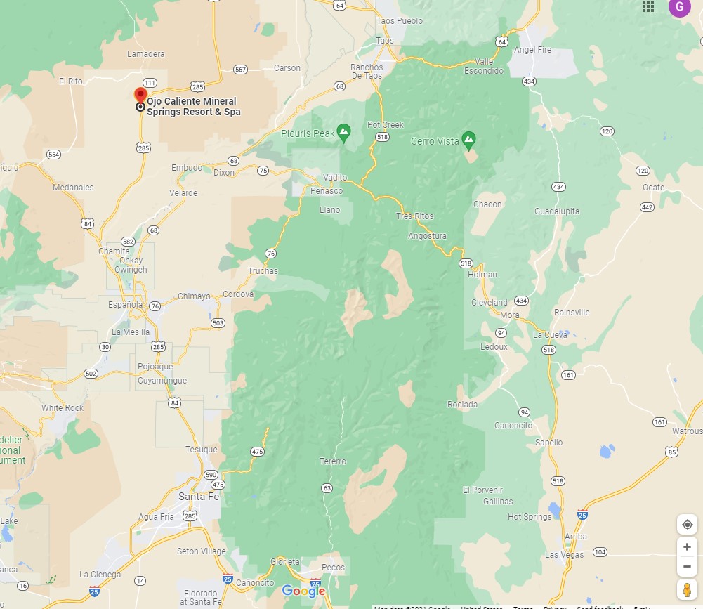 Ojo Caliente Google Map Screenshot 2021 10 21 161805 | Ojo Spa Resorts - Ojo Caliente, Taos; Ojo Santa Fe, New Mexico